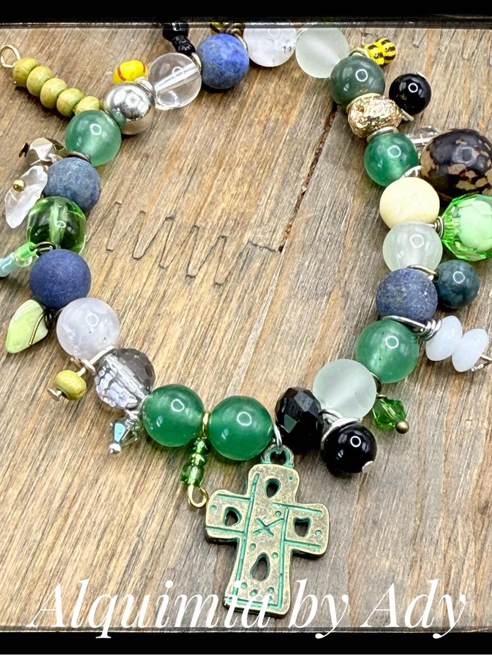Alquimia Green and Blue Beaded Bracelet with Patina Cross Charm